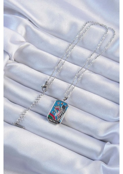 Zarif Kadın Için Silver Çelik Zincir Taç ve Kız Renkli Mineli Tarot Kolye