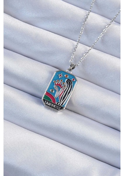 Zarif Kadın Için Silver Çelik Zincir Taç ve Kız Renkli Mineli Tarot Kolye
