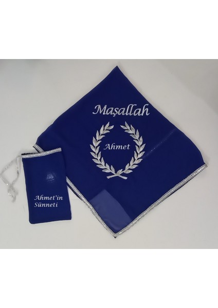 Mavi Şifon Çelenk Maşallah Sünnet Nakış Işlemeli Kına Şalı Atkı Eldiven Isme Özel fiyatları