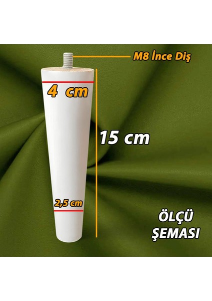 8 Adet Ahşap Ayak Beyaz 15 cm Dolap Mobilya Koltuk Kanepe Destek Ayağı Ayakları Konik M8 Civatalı