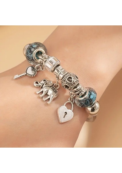 Pandora Tarz,mavi Fil Kalp Anahtar Charm Bileklik, Ahşap Kutu İçerisinde