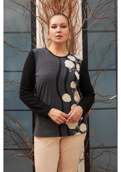 Desenli Büyük Beden Füme Bluz