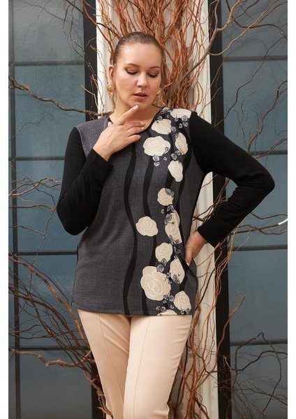 Desenli Büyük Beden Füme Bluz modelleri