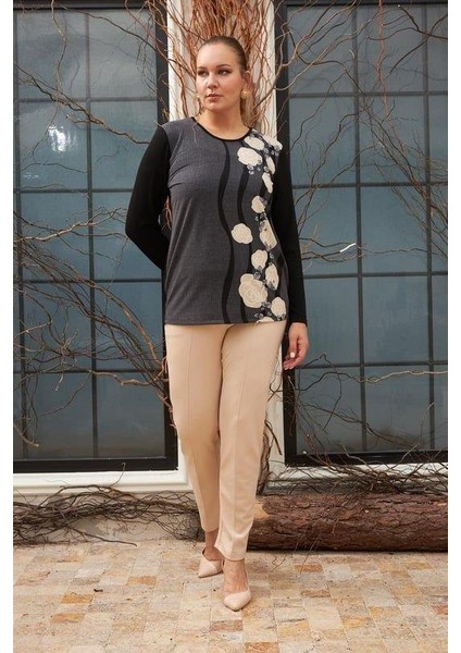 Desenli Büyük Beden Füme Bluz indirimleri