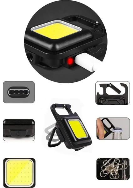 USB Şarjlı Mini Cob LED Anahtarlık Feneri Flashlı, Şişe Açacaklı, Plastik Kasa Taşınabilir El Feneri