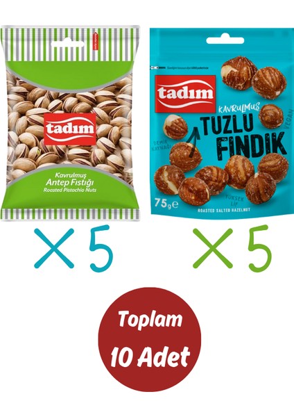 5 Paket Antep Fıstığı (45 G) & 5 Paket Tuzlu Fındık (75 G) - Toplam 600 Gram