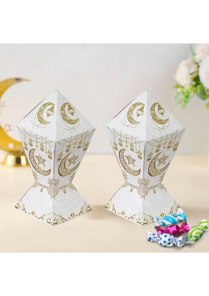 12LI Ramazan Şeker Hediye Kutusu, Beyaz&altın Ay, Yıldız, Fener Tasarımlı Şekerleme Kutusu, 7 x 7 x 12 cm
