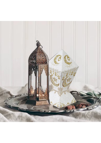 12LI Ramazan Şeker Hediye Kutusu, Beyaz&altın Ay, Yıldız, Fener Tasarımlı Şekerleme Kutusu, 7 x 7 x 12 cm