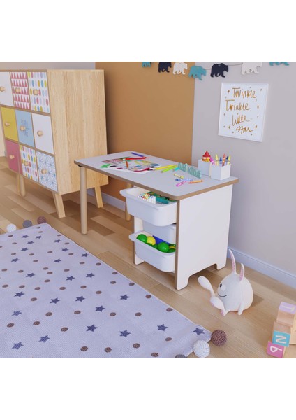 Oyun & Aktivite Masası 90X45 cm Oyuncak Dolabı 3 Sepetli Çocuk Çalışma Masası Oyun Masası - Beyaz