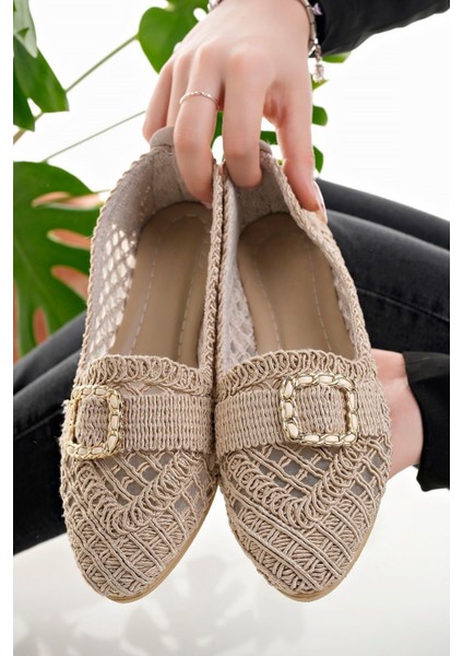 Kadın Babet Bej Hasır Örme Dantel Örgü Triko Şık Ev Iş Ofis Günlük Ayakkabı