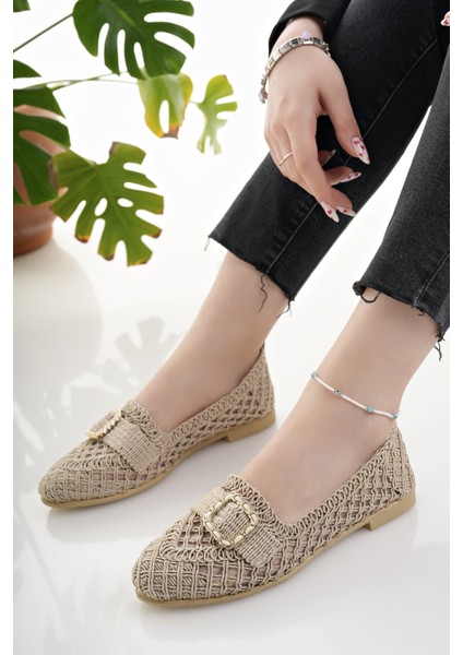 Kadın Babet Bej Hasır Örme Dantel Örgü Triko Şık Ev Iş Ofis Günlük Ayakkabı fiyatları