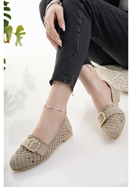 Kadın Babet Bej Hasır Örme Dantel Örgü Triko Şık Ev Iş Ofis Günlük Ayakkabı modelleri