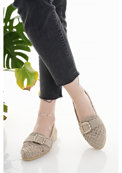 Kadın Babet Bej Hasır Örme Dantel Örgü Triko Şık Ev Iş Ofis Günlük Ayakkabı fırsatları