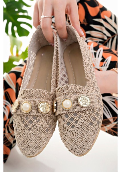 Kadın Babet Bej Hasır Örme Dantel Örgü Triko Şık Ev Iş Ofis Günlük Ayakkabı