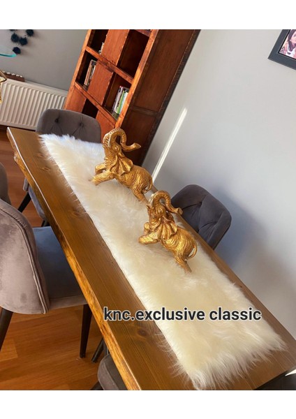 Krem Kürklü Peluş Masa Örtüsü Şık Dekoratif Lüks Elegant Modern Dekoratif Runner