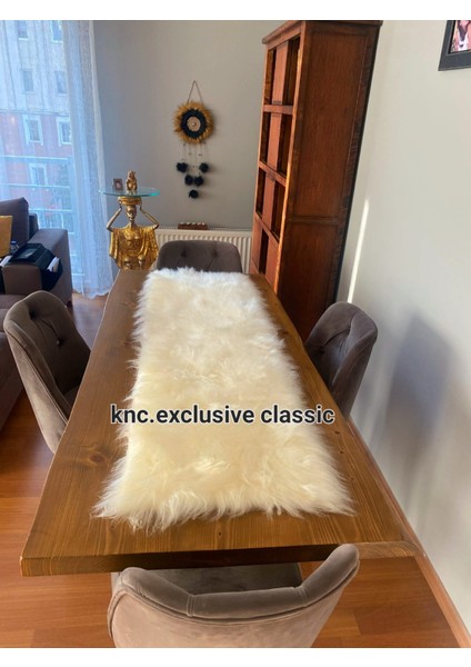 Krem Kürklü Peluş Masa Örtüsü Şık Dekoratif Lüks Elegant Modern Dekoratif Runner
