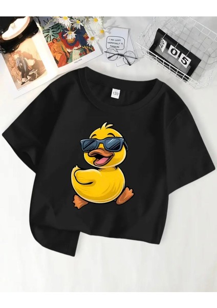 Punıx Kıds Özel Üretim Gözlüklü Ördek Baskılı Yeni Stil Kız Çocuk Ter Tutmayan Yazlık T-Shırt