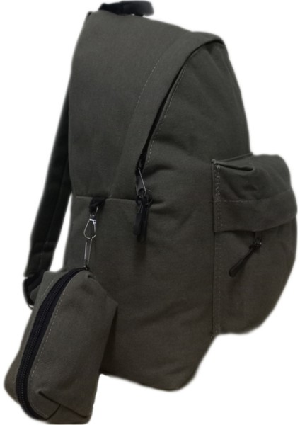 Kanvas Kumaş Haki Unisex Sırt Çantası+Cüzdan+Anahtarlık modelleri