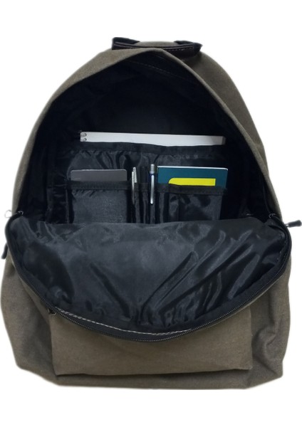 Kanvas Kumaş Haki Unisex Sırt Çantası+Cüzdan+Anahtarlık