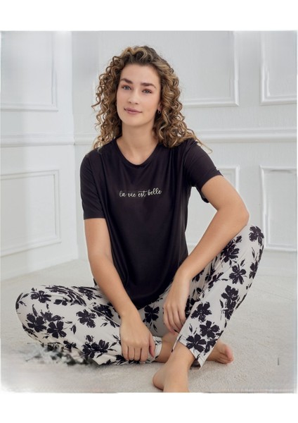 Marla 30102 Siyah Kısa Kollu Alt Uzun Pijama Takım