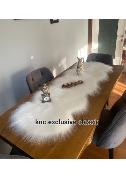 Beyaz Kürklü Peluş Masa Örtüsü Şık Dekoratif Lüks Elegant Modern Dekoratif Runner