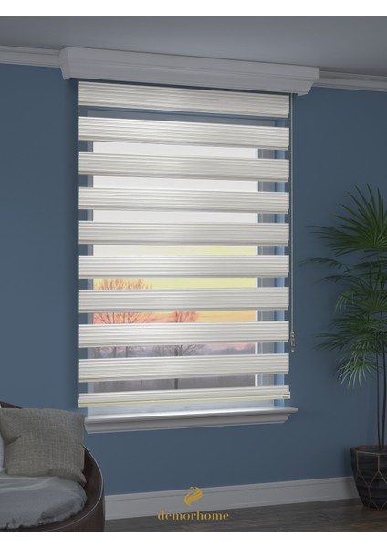 Geniş Pliseli Ekru Zebra Stor Güneşlik Perde Metal Kasa