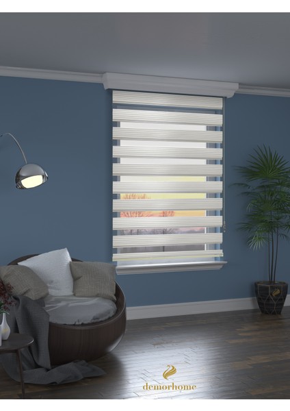 Geniş Pliseli Ekru Zebra Stor Güneşlik Perde Metal Kasa