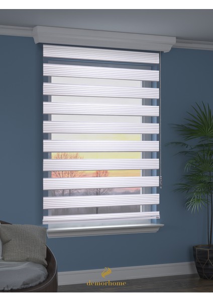 Geniş Pliseli Beyaz Zebra Stor Güneşlik Perde Metal Kasa