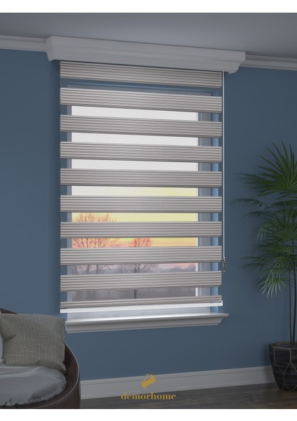Geniş Pliseli Açık Gri Zebra Stor Güneşlik Perde Metal Kasa