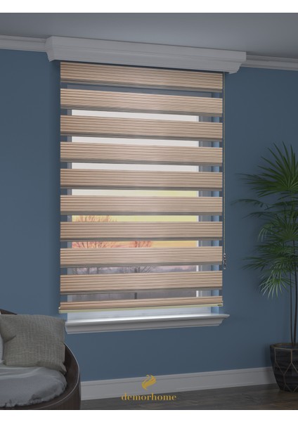Geniş Pliseli Latte Rengi Zebra Stor Güneşlik Perde Metal Kasa