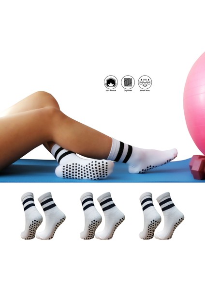 3’lü Kadın Kaydırmaz Tabanlı Pilates, Yoga, Dans ve Fitness Soket KOLEJ Çorap