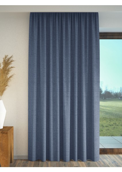 İndigo Rengi Keten Dokulu Fon Perde Ekstrafor Büzgülü
