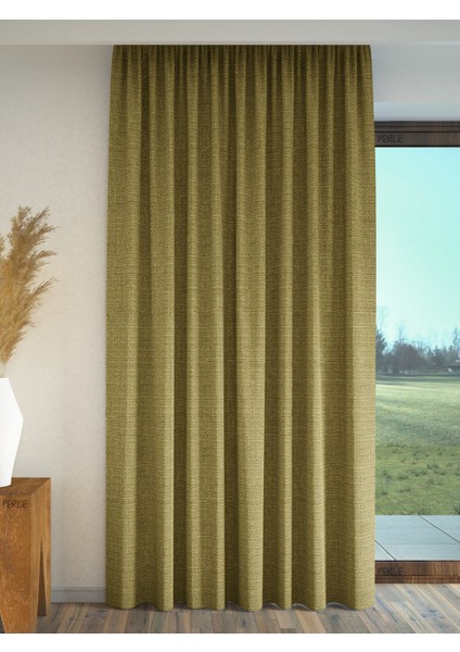 Yağ Yeşili Keten Dokulu Fon Perde Ekstrafor Büzgülü