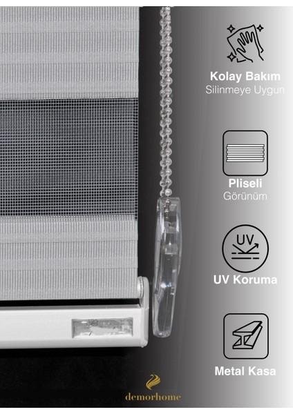 Geniş Pliseli Açık Gri Zebra Stor Güneşlik Perde Metal Kasa