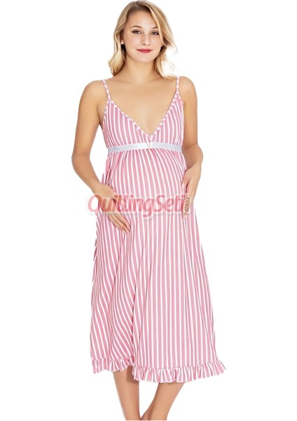 Açık Pembe Renkve Çizgili , Asklılı Kol 54490 Lohusa Hamile Gecelik, Hamile Elbisesi