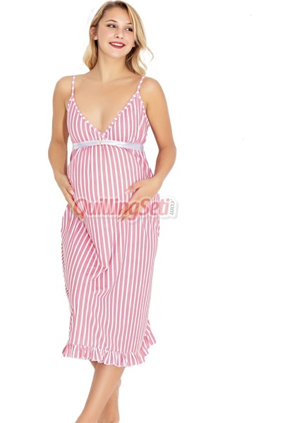 Açık Pembe Renkve Çizgili , Asklılı Kol 54490 Lohusa Hamile Gecelik, Hamile Elbisesi fiyatları