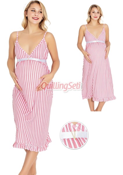 Açık Pembe Renkve Çizgili , Asklılı Kol 54490 Lohusa Hamile Gecelik, Hamile Elbisesi modelleri