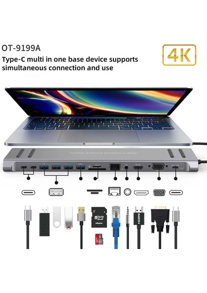 Laptop Macbook Uyumlu Type-C Çoklayıcı Port Istasyonu 14IN1 Çevirici Kart Okuyucu 4K Hub Dönüştürücü
