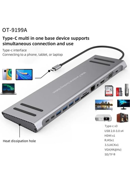 Laptop Macbook Uyumlu Type-C Çoklayıcı Port Istasyonu 14IN1 Çevirici Kart Okuyucu 4K Hub Dönüştürücü