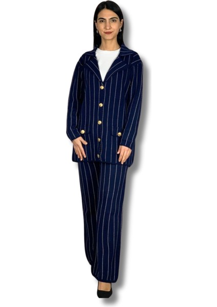 Kadın Ceket Yaka Gold Düğmeli Hırka ve Yüksek Bel Pantolon Alt Üst Triko Takım (Lacivert)