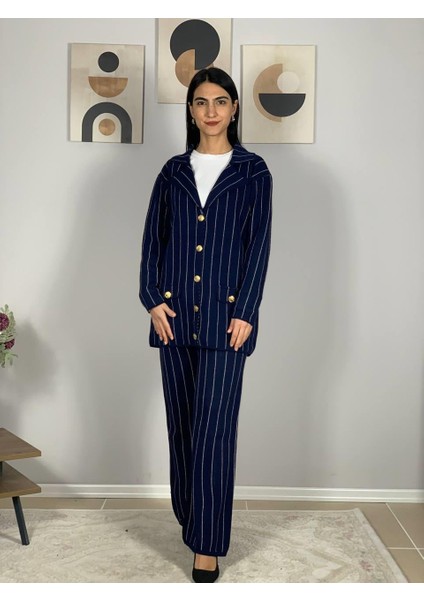 Kadın Ceket Yaka Gold Düğmeli Hırka ve Yüksek Bel Pantolon Alt Üst Triko Takım (Lacivert) fiyatları