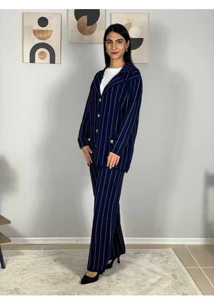 Kadın Ceket Yaka Gold Düğmeli Hırka ve Yüksek Bel Pantolon Alt Üst Triko Takım (Lacivert) modelleri