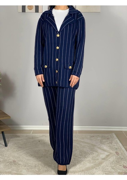 Kadın Ceket Yaka Gold Düğmeli Hırka ve Yüksek Bel Pantolon Alt Üst Triko Takım (Lacivert) fırsatları