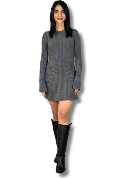 Kadın Mini Fitilli Kışlık Triko Elbise (Antrasit)