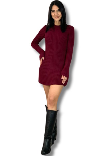 Kadın Mini Fitilli Kışlık Triko Elbise (Bordo)