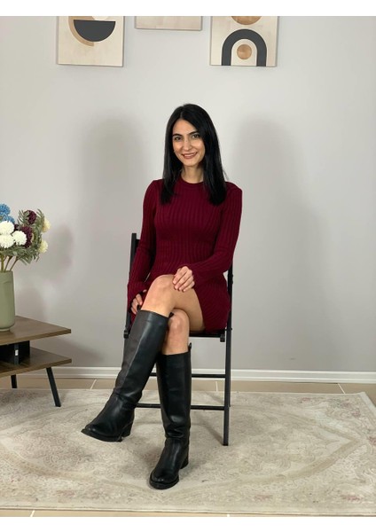 Kadın Mini Fitilli Kışlık Triko Elbise (Bordo) modelleri
