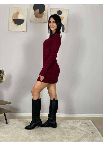 Kadın Mini Fitilli Kışlık Triko Elbise (Bordo) fırsatları