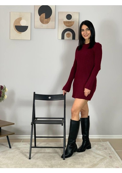 Kadın Mini Fitilli Kışlık Triko Elbise (Bordo) indirimleri