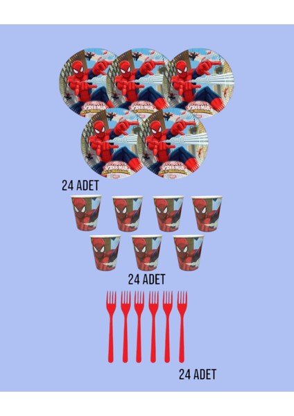 Spiderman Örümcek Adam 24 Kişilik Tabak Bardak Çatal Doğum Günü Parti Malzemeleri