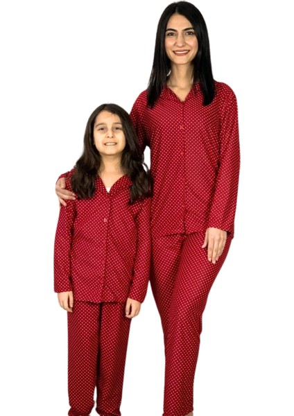 Anne Kız Kombin Önden Düğmeli Bebe Yaka %100 Pamuk Pijama Takımı (Kırmızı Noktalı)